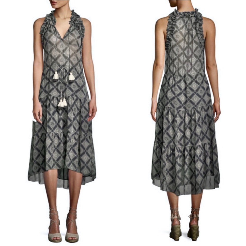 Figue Gabriella diamond tile ruffled silk dress Sz XS